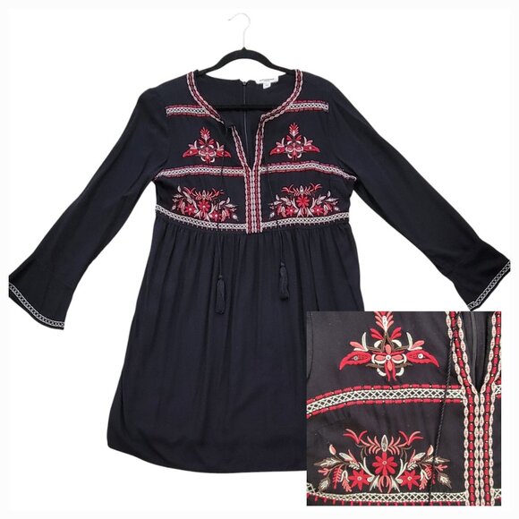 beachlunchlounge Peasant Embroidered Black Boho Mini Dress Size M - Picture 1 of 16